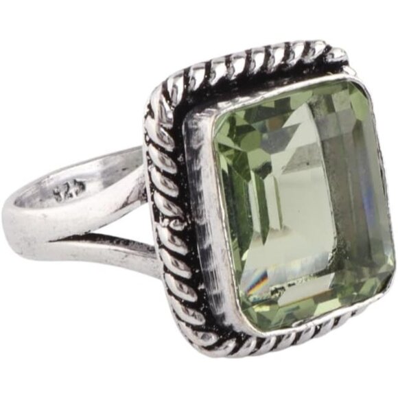 Green Amethyst Genuine Crown Gemstone S925 Silver Boho Ring